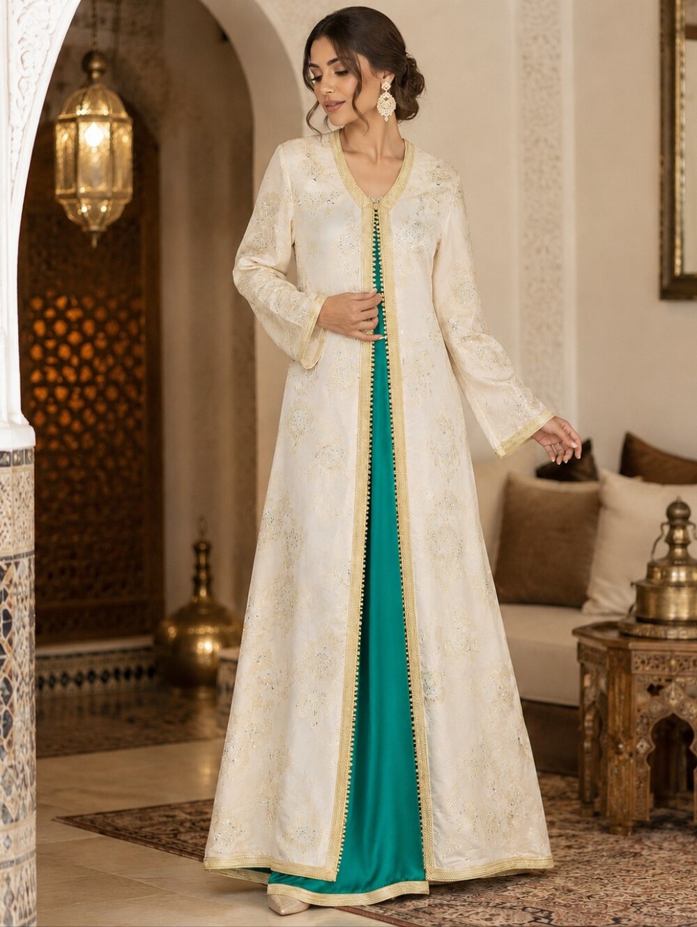 Moroccan Takchita 2-Piece Caftan Set – Green & Ivory Gold